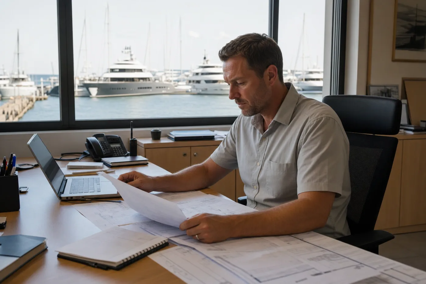A yacht manager working through paperwork in a quiet office overlooking a harbour